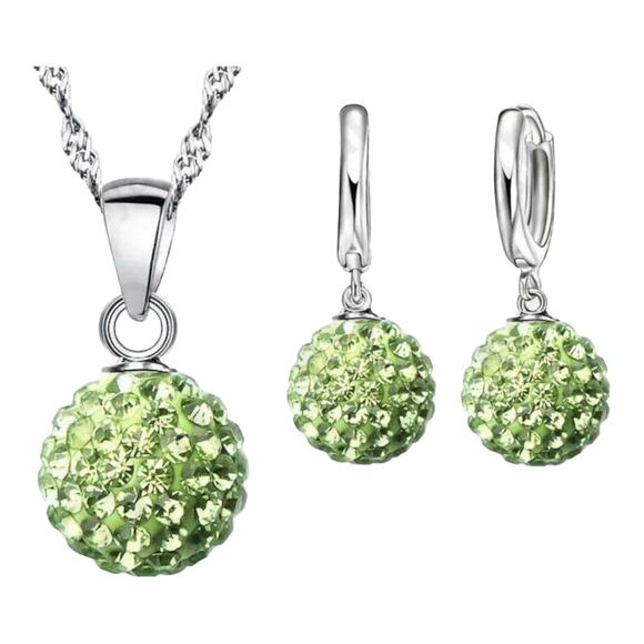 Silver Light Green Crystal Rhinestone Disco Ball Necklace & Dangle Earrings Set - Picture 2 of 3